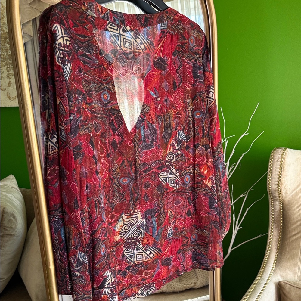 Chico's Red Patterned Blouse - Picture 6 of 7